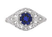 Blue Sapphire and Diamonds Scroll Dome Edwardian Filigree Engagement Ring in 14 Karat White Gold | 1910 Vintage Design