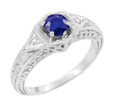 Art Deco Platinum Vintage Engraved Filigree Engagement Ring with Sapphire and Diamonds
