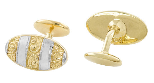 Antique Style Victorian Scrolls Cufflinks in Sterling Silver with Yellow Gold Two Tone Vermeil - Item: SCL239WY - Image: 2