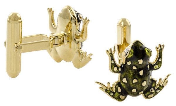 Frog Cufflinks with Elegant French Champleve Enamel in Solid Sterling Silver with Yellow Gold Vermeil Finish - Item: SCL245YE - Image: 2