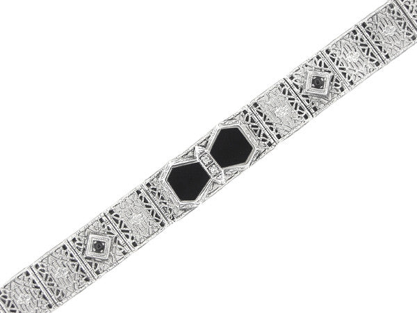Art Deco Onyx and Diamond Filigree Bracelet in Sterling Silver - Item: SSBR10 - Image: 3