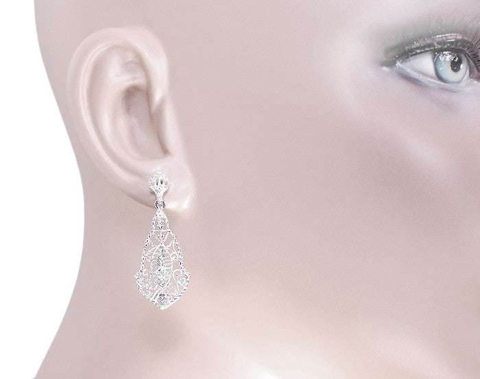 Art Deco Diamonds and Scrolls Filigree Dangling Earrings in Sterling Silver - Item: SSE127 - Image: 3