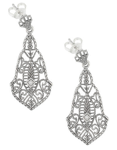 Art Deco Diamonds and Scrolls Filigree Dangling Earrings in Sterling Silver - Item: SSE127 - Image: 2