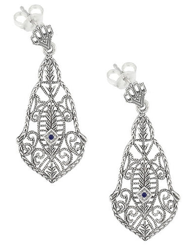 Art Deco Filigree Sapphires and Scrolls Dangling Earrings in Sterling Silver - alternate view