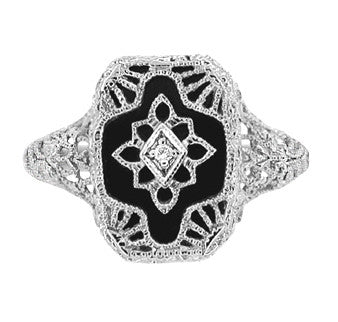 Art Deco Filigree Onyx and Diamond Ring in Sterling Silver - Item: SSR11 - Image: 2