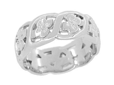 Sterling Silver Scrolls and Pansy Flowers Filigree Engraved Wedding Band - 7.5mm Wide