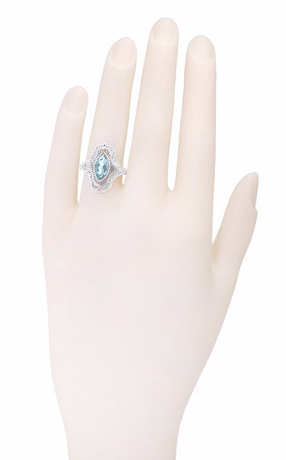 Art Deco Marquise Blue Topaz Filigree Cocktail Ring in Sterling Silver - Item: SSR12BT - Image: 4