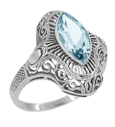 Art Deco Marquise Blue Topaz Filigree Cocktail Ring in Sterling Silver - alternate view