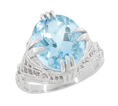 Art Deco Filigree Claw Prong Oval Blue Topaz Statement Ring in Sterling Silver - 4.75 Carats - Item: SSR157BT - Image: 3