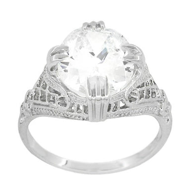 Art Deco Filigree Engraved Oval Cubic Zirconia ( CZ ) Statement Ring in Sterling Silver - 7 Carats - alternate view