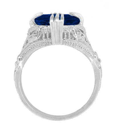 Art Deco Engraved Filigree 5.75 Carat Oval Lab Created Blue Sapphire Statement Ring in Sterling Silver - Item: SSR157S - Image: 4