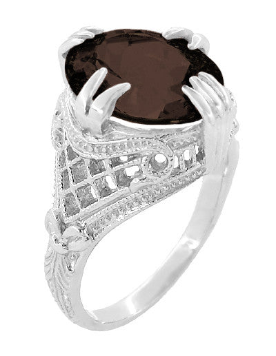 Art Deco Filigree Claw Prong Statement Ring - 4.30 Carat Oval Smoky Quartz Ring in Sterling Silver - Item: SSR157SQ - Image: 3