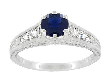 Art Deco Blue Sapphire Filigree Promise Ring in Sterling Silver with White Sapphire Side Stones - Item: SSR158 - Image: 4