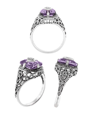 Art Deco Flowers and Leaves Amethyst and Diamond Filigree Ring  in Sterling Silver - Item: SSR15A - Image: 3