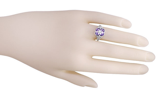 Art Deco Flowers and Leaves Amethyst and Diamond Filigree Ring  in Sterling Silver - Item: SSR15A - Image: 4