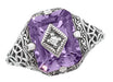 Art Deco Flowers and Leaves Amethyst and Diamond Filigree Ring  in Sterling Silver