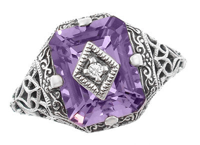 Art Deco Flowers and Leaves Amethyst and Diamond Filigree Ring  in Sterling Silver - Item: SSR15A - Image: 2