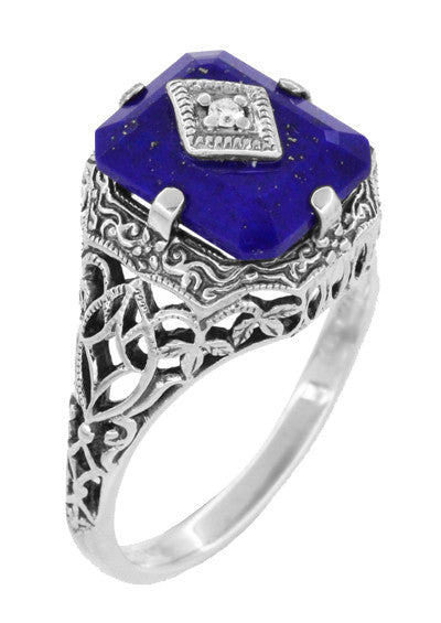 Caroline's Daylight Ring - Art Deco Filigree Diamond and Lapis Lazuli Ring in Sterling Silver - Item: SSR15LA - Image: 3