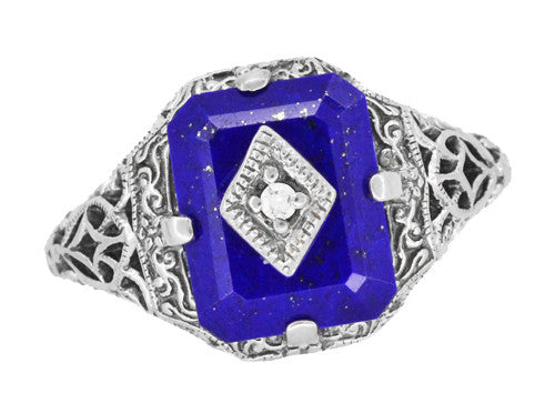 Caroline's Daylight Ring - Art Deco Filigree Diamond and Lapis Lazuli Ring in Sterling Silver - Item: SSR15LA - Image: 5