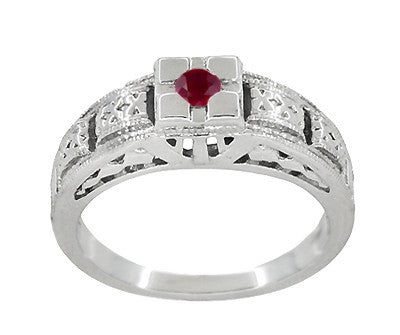 1920's Art Deco Engraved Ruby Band Ring in Sterling Silver - Item: SSR160R - Image: 3