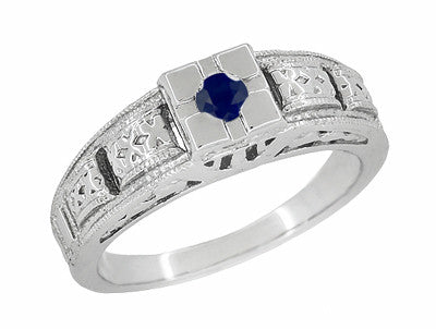 Engraved Art Deco Blue Sapphire Band Ring in Sterling Silver - Item: SSR160S - Image: 2