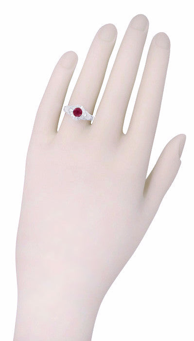 Art Deco Engraved Filigree 1.20 Carat Ruby Promise Ring in Sterling Silver - Item: SSR161R - Image: 4