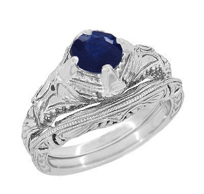 Art Deco Blue Sapphire Promise Ring with Engraved Filigree in Sterling Silver - Item: SSR161S - Image: 3