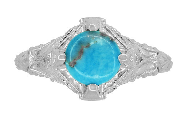 Art Deco Arizona Turquoise Engraved Filigree Ring in Sterling Silver - Item: SSR161TQ - Image: 4
