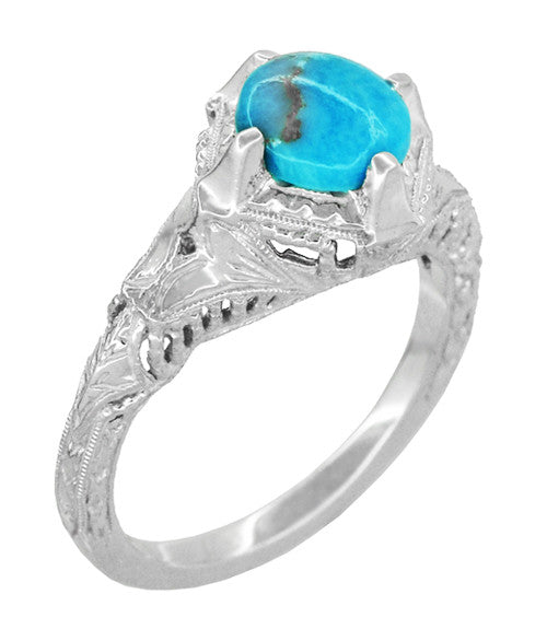 Art Deco Arizona Turquoise Engraved Filigree Ring in Sterling Silver - Item: SSR161TQ - Image: 2