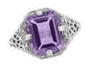 Art Deco Flowers and Leaves Emerald Cut Lilac Amethyst Filigree Ring in Sterling Silver