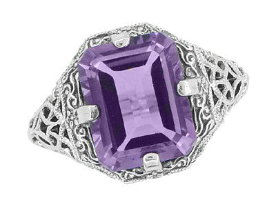 Art Deco Flowers and Leaves Emerald Cut Lilac Amethyst Filigree Ring in Sterling Silver - Item: SSR16A - Image: 3