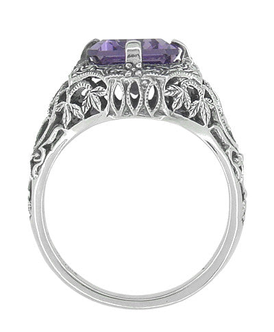 Art Deco Flowers and Leaves Emerald Cut Lilac Amethyst Filigree Ring in Sterling Silver - Item: SSR16A - Image: 2