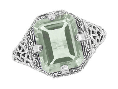 Art Deco Flowers and Leaves Emerald Cut Prasiolite ( Green Amethyst ) Filigree Ring in Sterling Silver - Item: SSR16GA - Image: 3