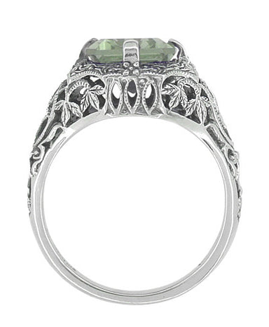 Art Deco Flowers and Leaves Emerald Cut Prasiolite ( Green Amethyst ) Filigree Ring in Sterling Silver - alternate view