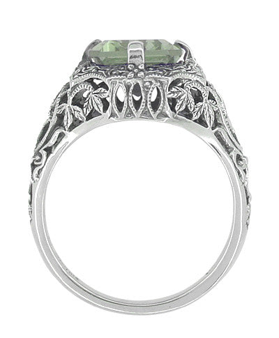 Art Deco Flowers and Leaves Emerald Cut Prasiolite ( Green Amethyst ) Filigree Ring in Sterling Silver - Item: SSR16GA - Image: 2