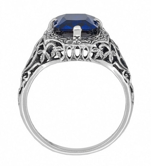Art Deco Flowers and Leaves Lab Created Blue Sapphire Filigree Ring in Sterling Silver - 3.75 Carats - Item: SSR16S - Image: 3