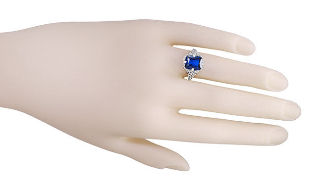 Art Deco Flowers and Leaves Lab Created Blue Sapphire Filigree Ring in Sterling Silver - 3.75 Carats - Item: SSR16S - Image: 5