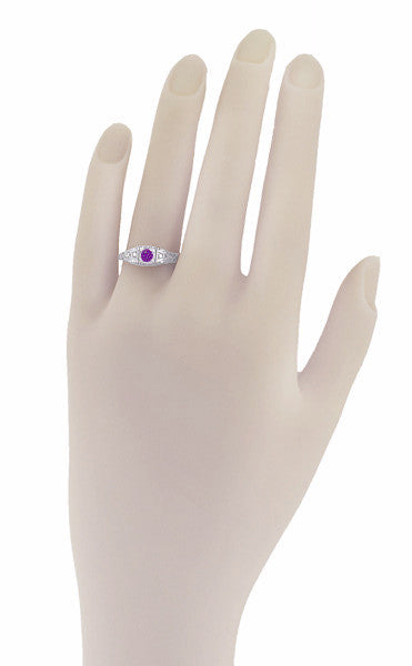 Art Deco Amethyst and Diamonds Filigree Antique Style Promise Ring in Sterling Silver - Item: SSR228A - Image: 3