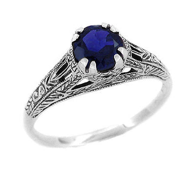 Art Deco Filigree Engraved Blue Sapphire Promise Ring in Sterling Silver