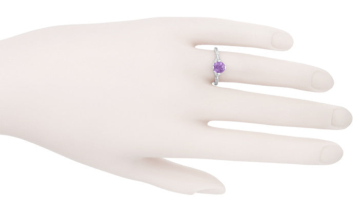 Art Deco Lilac Amethyst Promise Ring in Sterling Silver with Filigree Engraved Flowers - Item: SSR356AM - Image: 7