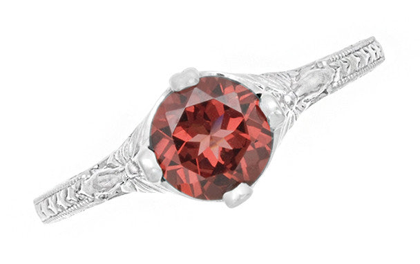 Sterling Silver Art Deco Filigree Red Garnet Promise Ring - Engraved with Flowers & Wheat - Item: SSR356G - Image: 5