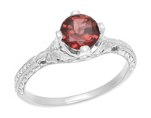 Sterling Silver Art Deco Filigree Red Garnet Promise Ring - Engraved with Flowers & Wheat - Item: SSR356G - Image: 2
