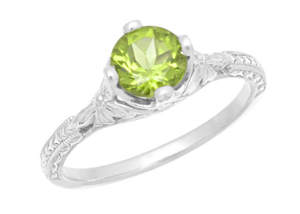 Art Deco Flowers & Wheat Engraved Peridot Promise Ring in Sterling Silver | Vintage Replica - Item: SSR356P - Image: 3