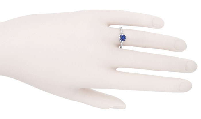 Art Deco Floral Filigree Lab Created Blue Sapphire Promise Ring in Sterling Silver - Item: SSR356S - Image: 7