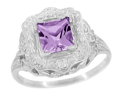 Art Nouveau Princess Cut Amethyst Ring in Sterling Silver - Item: SSR615AM - Image: 2