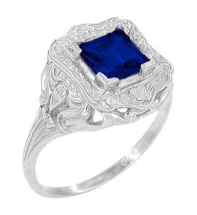 Art Nouveau Princess Cut Sapphire Ring in Sterling Silver - Item: SSR615S - Image: 2