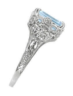 Edwardian Filigree Emerald Cut Blue Topaz Ring in Sterling Silver - Item: SSR618BT - Image: 3