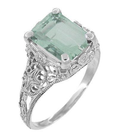 Edwardian Filigree Emerald Cut Prasiolite ( Green Amethyst ) Ring in Sterling Silver - Item: SSR618GA - Image: 2