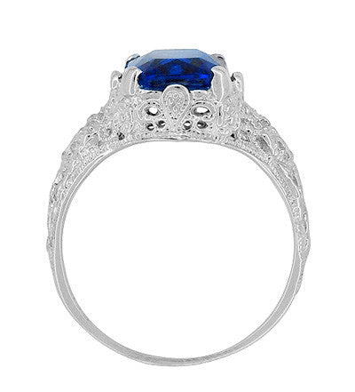 Edwardian Filigree Lab Created Blue Sapphire Ring in Sterling Silver | Radiant Cut 3.75 Carat Sapphire Statement Ring - Item: SSR618S - Image: 6