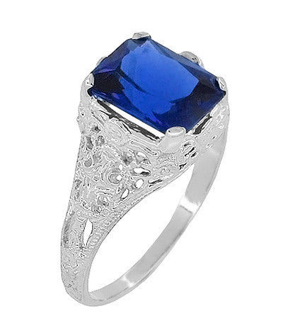 Edwardian Filigree Lab Created Blue Sapphire Ring in Sterling Silver | Radiant Cut 3.75 Carat Sapphire Statement Ring - Item: SSR618S - Image: 2